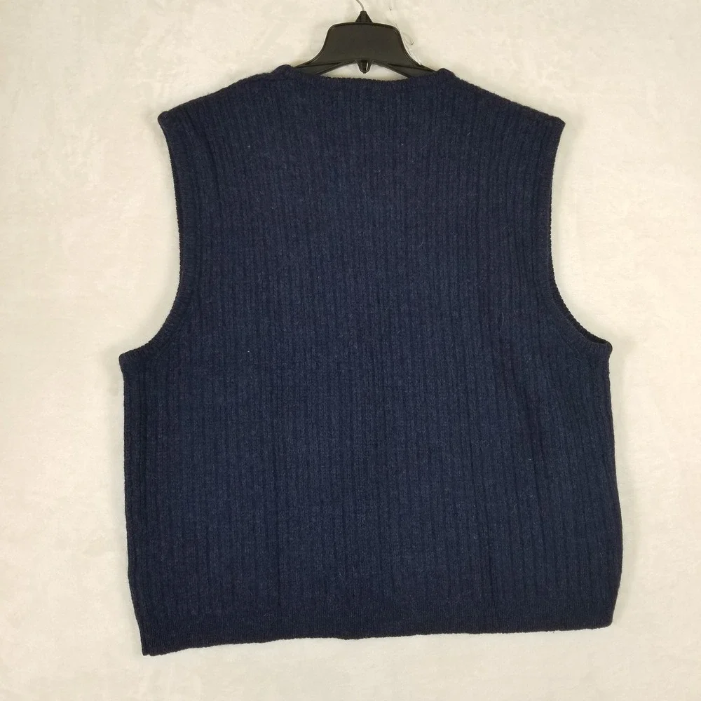 Eddie Bauer Sweater Vest Mens XXL Navy Blue 100% Wool Ribbed V-Neck Classic Knit